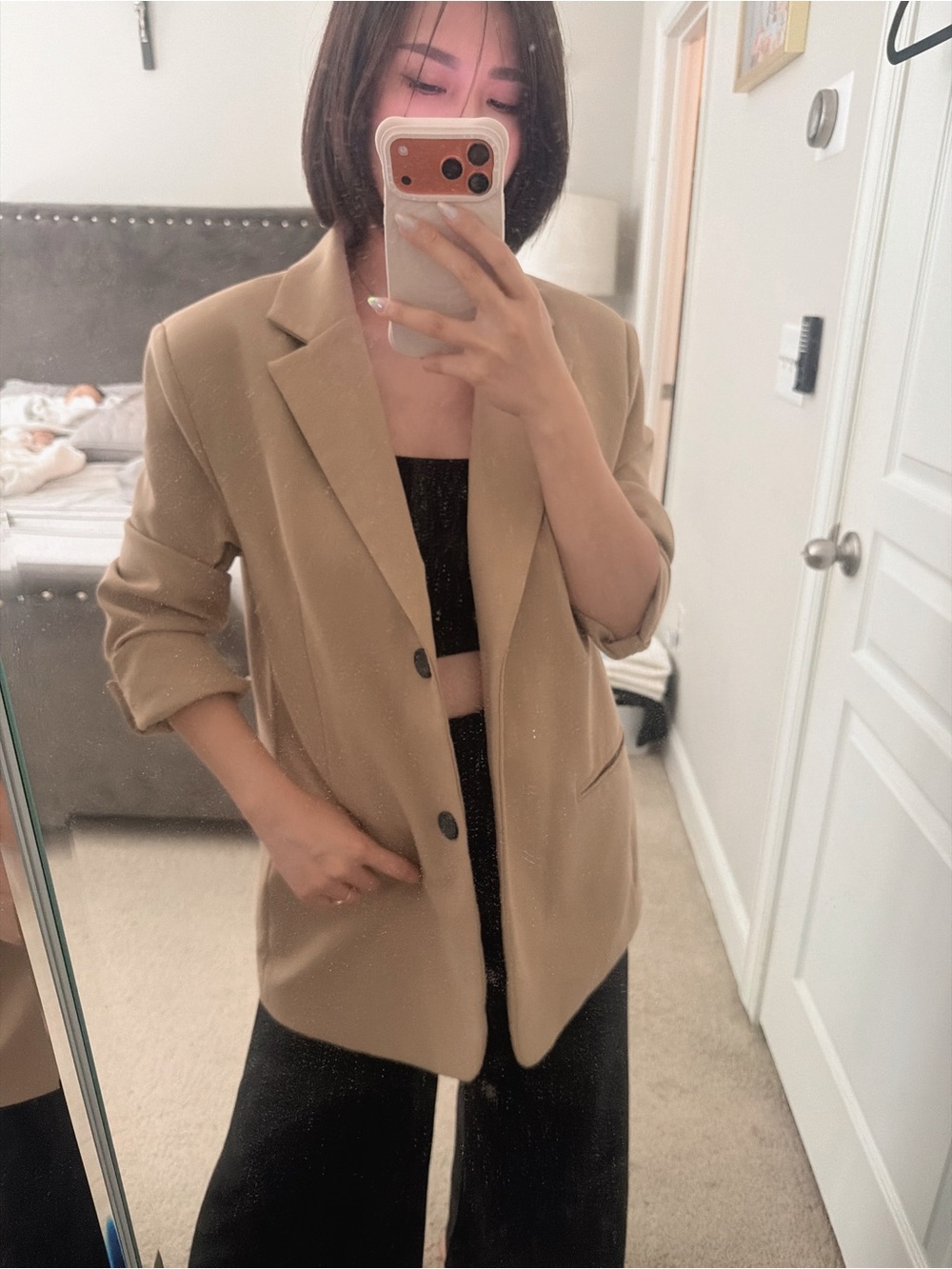 Tan Single-Breasted Blazer Jacket - Women's